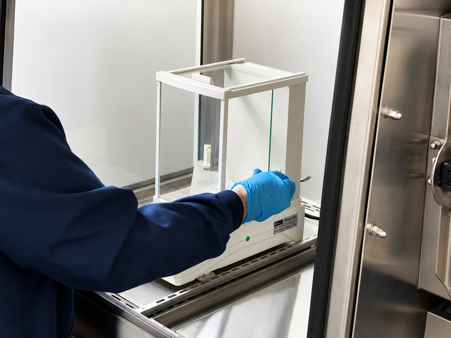 Compounding pharmacy technician working with a balance inside a hood